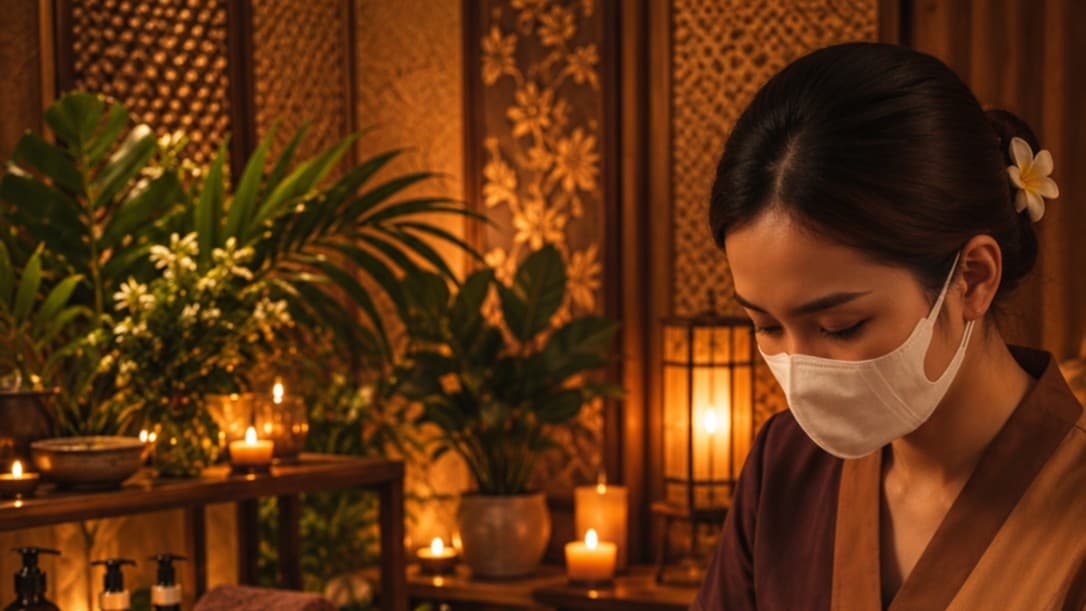 Chuyên viên đeo khẩu trang đứng bên kệ cây xanh, hoa trắng và đèn lồng trong phòng spa