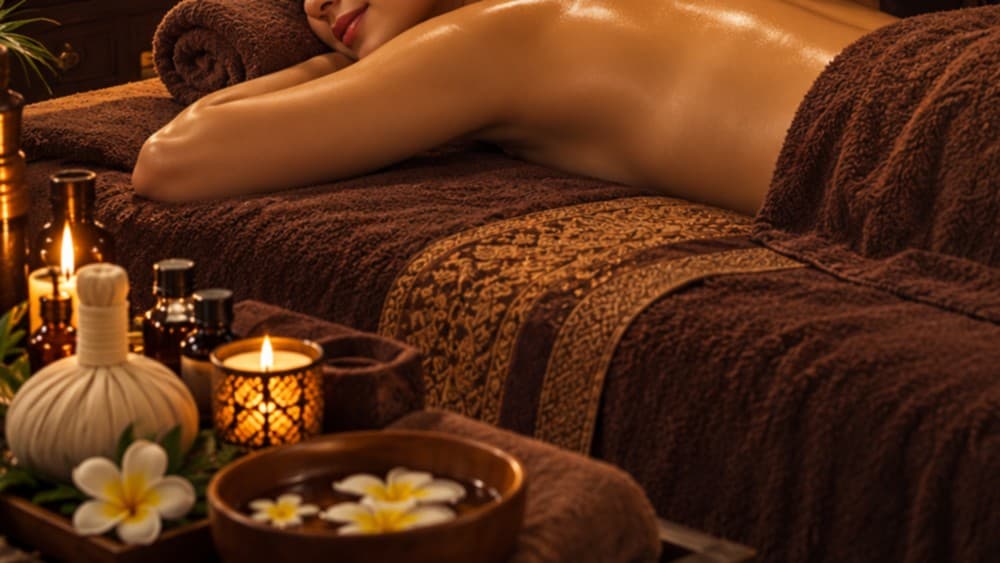 Túi chườm thảo dược, bát nước thả hoa sứ và nến đặt cạnh giường massage