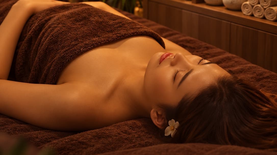 Khách nằm thư giãn dưới khăn, cài hoa trên tóc, trong phòng trị liệu