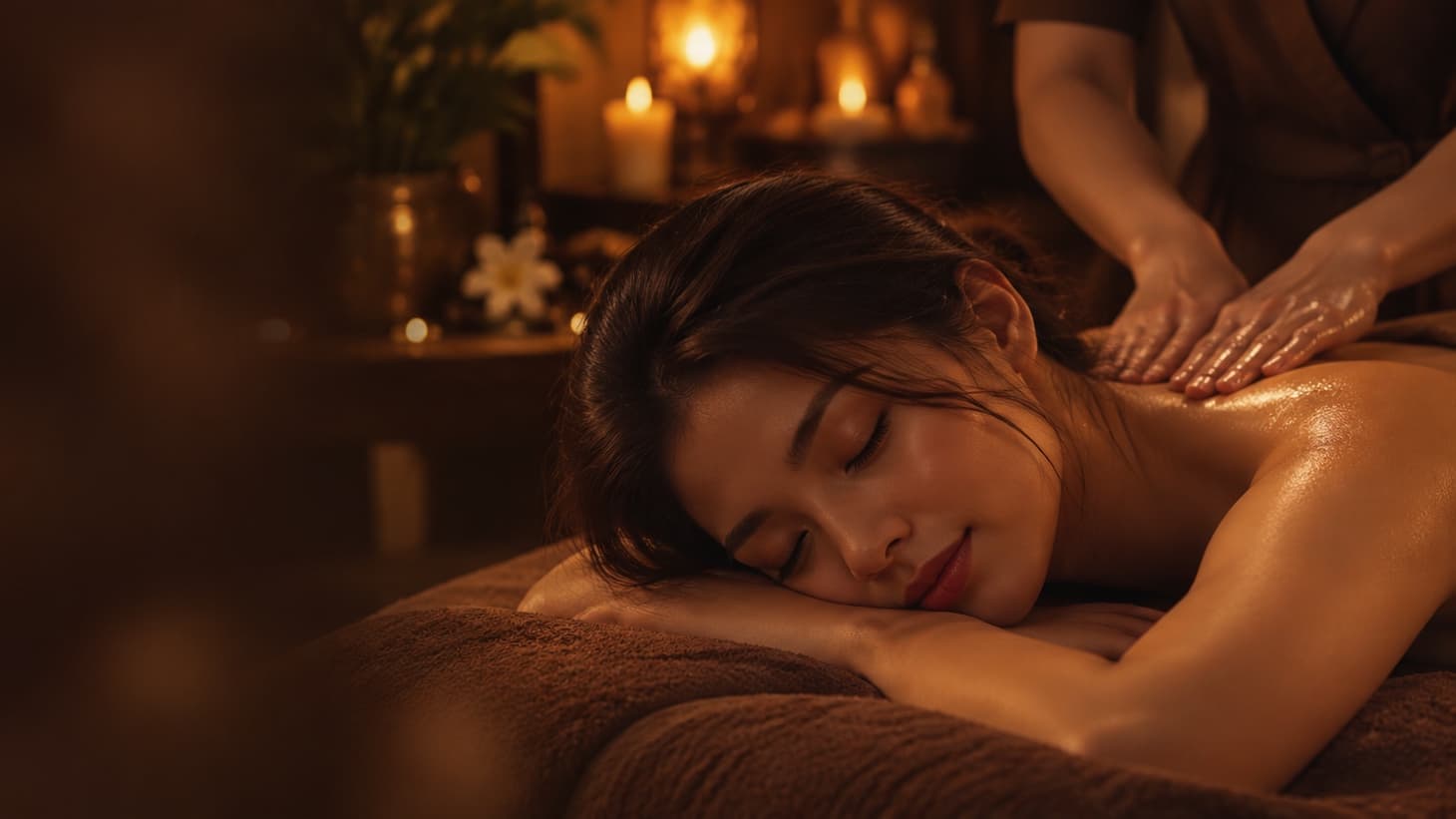 Chuyên viên massage vai cho khách nằm nghỉ trong phòng trị liệu ánh nến