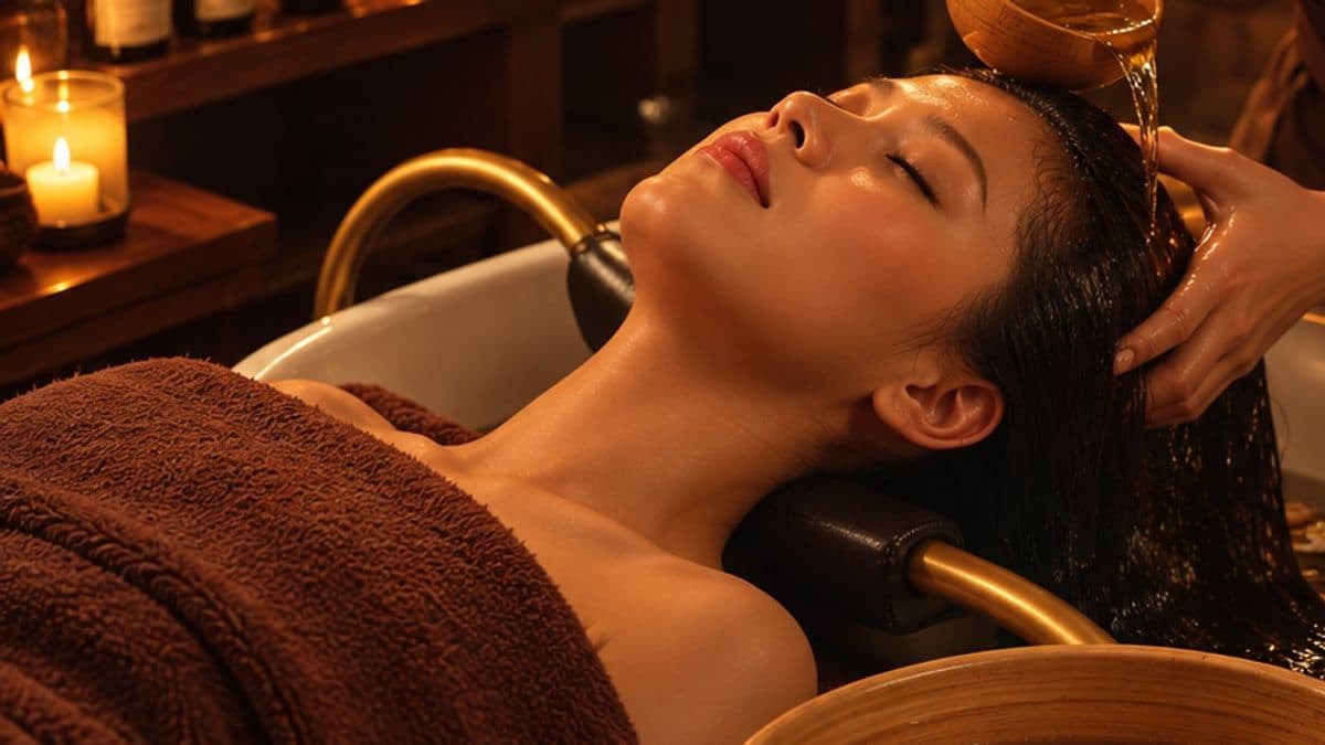 Kỹ thuật viên massage da đầu cho khách nằm ngửa bên bồn gội, phía sau là nến và khăn nâu