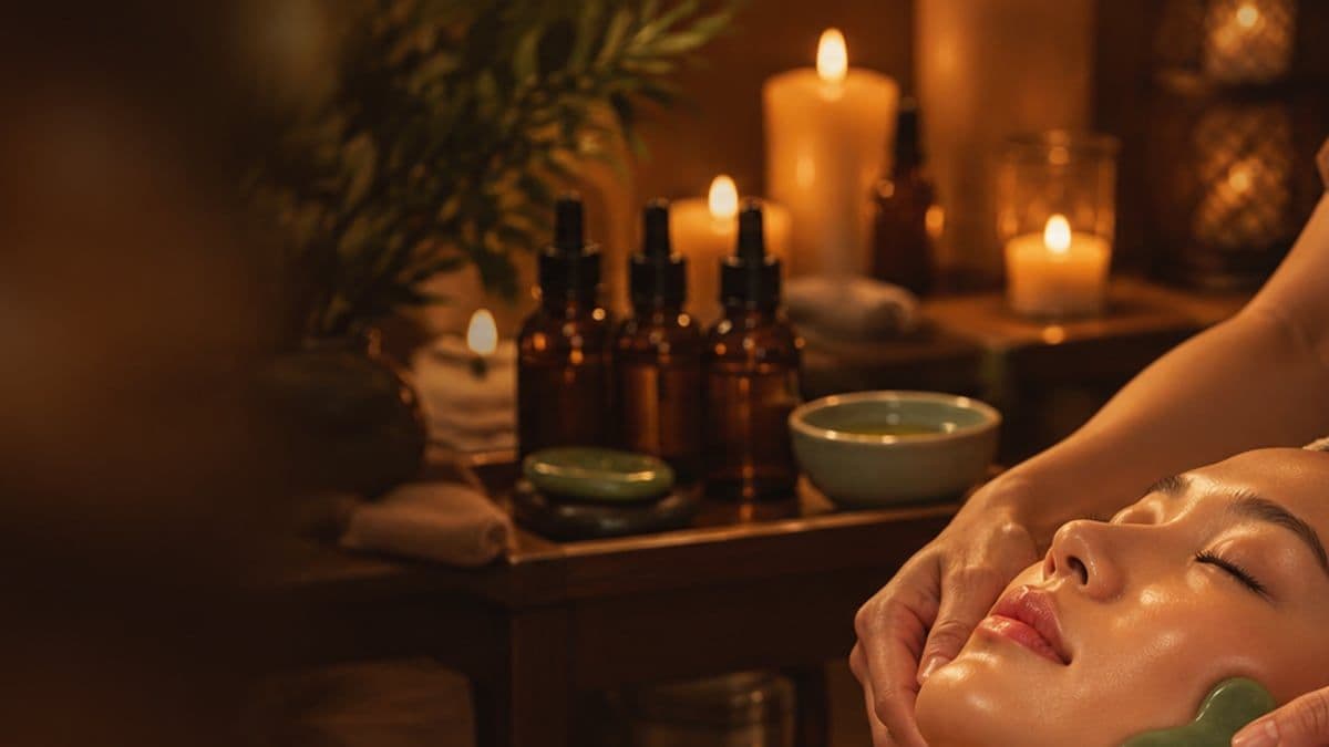Kỹ thuật viên massage mặt khách, phía sau là chai tinh dầu, bát gốm và nến
