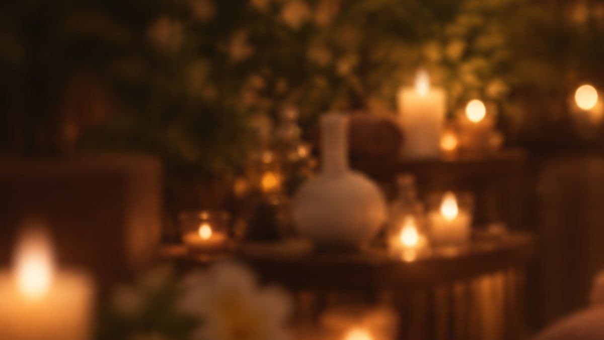 Ánh nến mờ ảo và bình gốm trắng trên kệ gỗ trong phòng spa