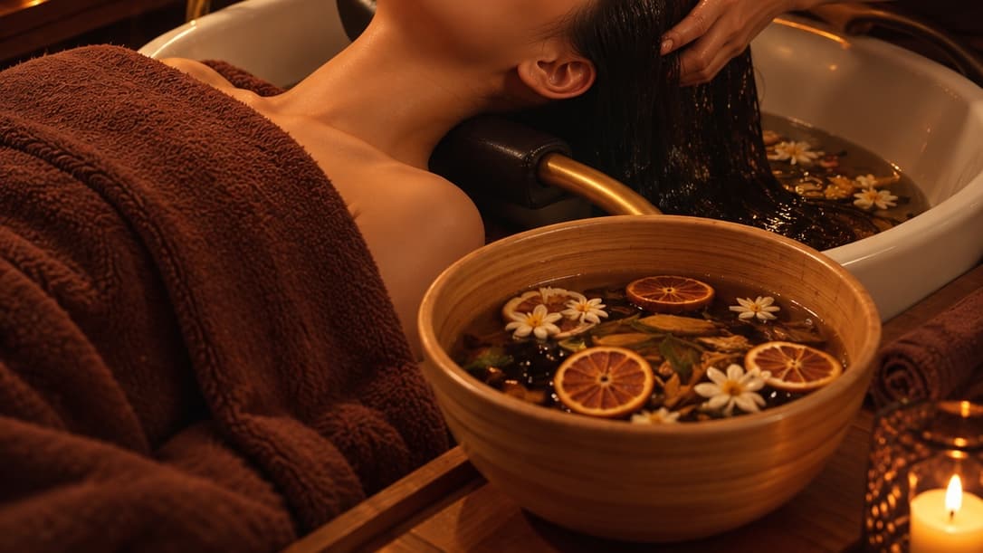 Herbal water with dried orange slices and chrysanthemums beside a head spa basin