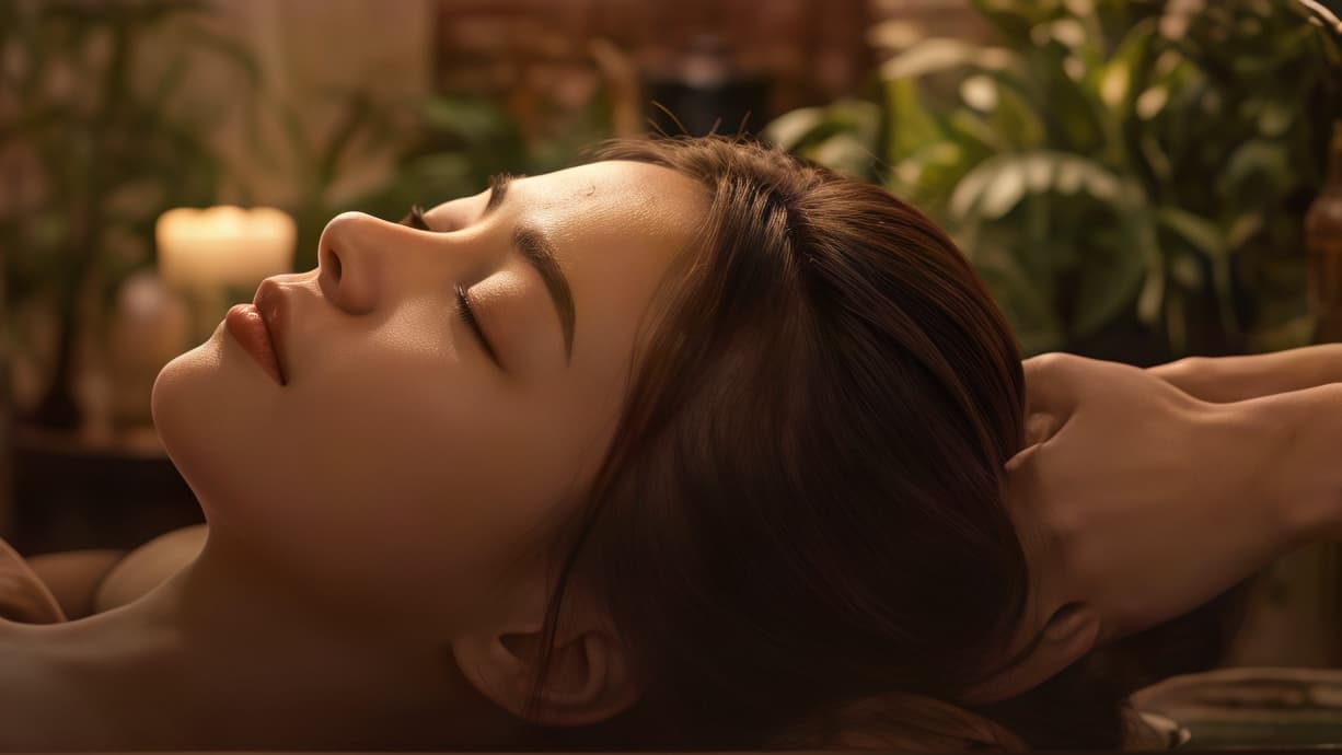 Khách nhắm mắt thư giãn khi được massage da đầu, phía sau là chậu cây xanh