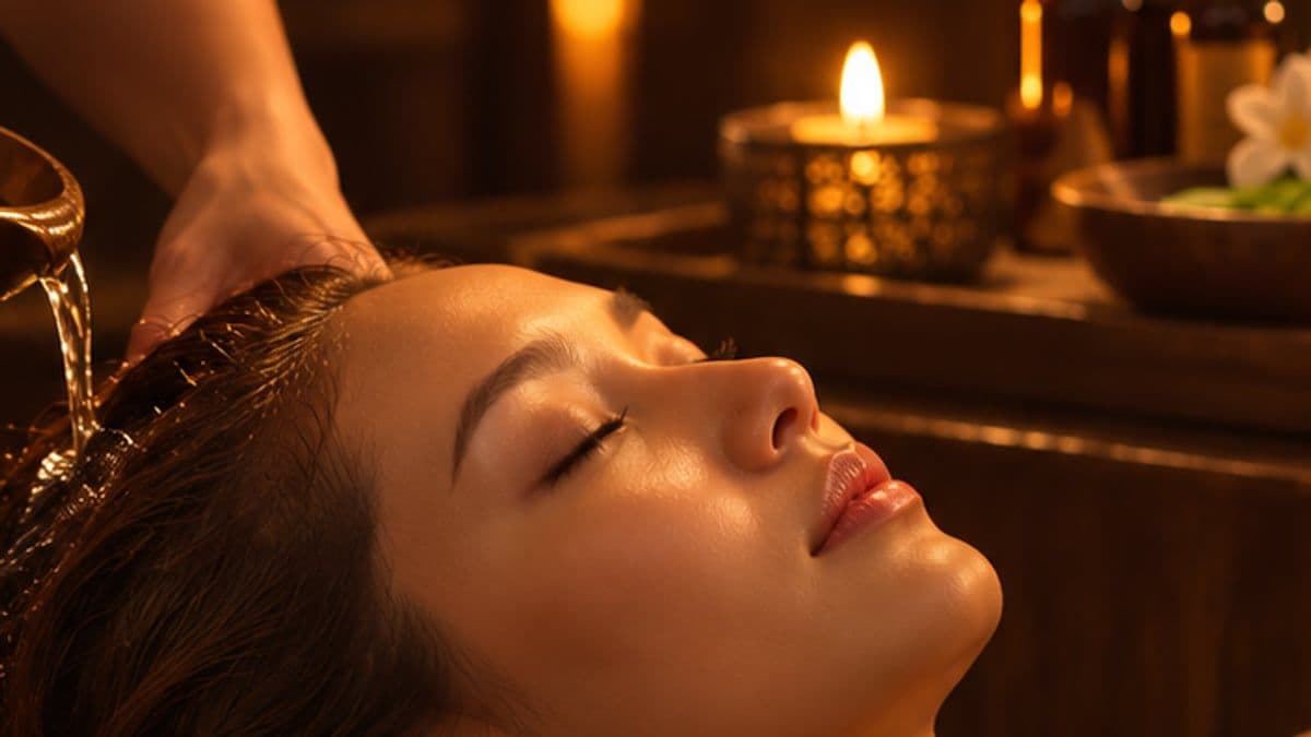 Kỹ thuật viên dội nước ấm lên tóc khách nằm nhắm mắt cạnh ánh nến
