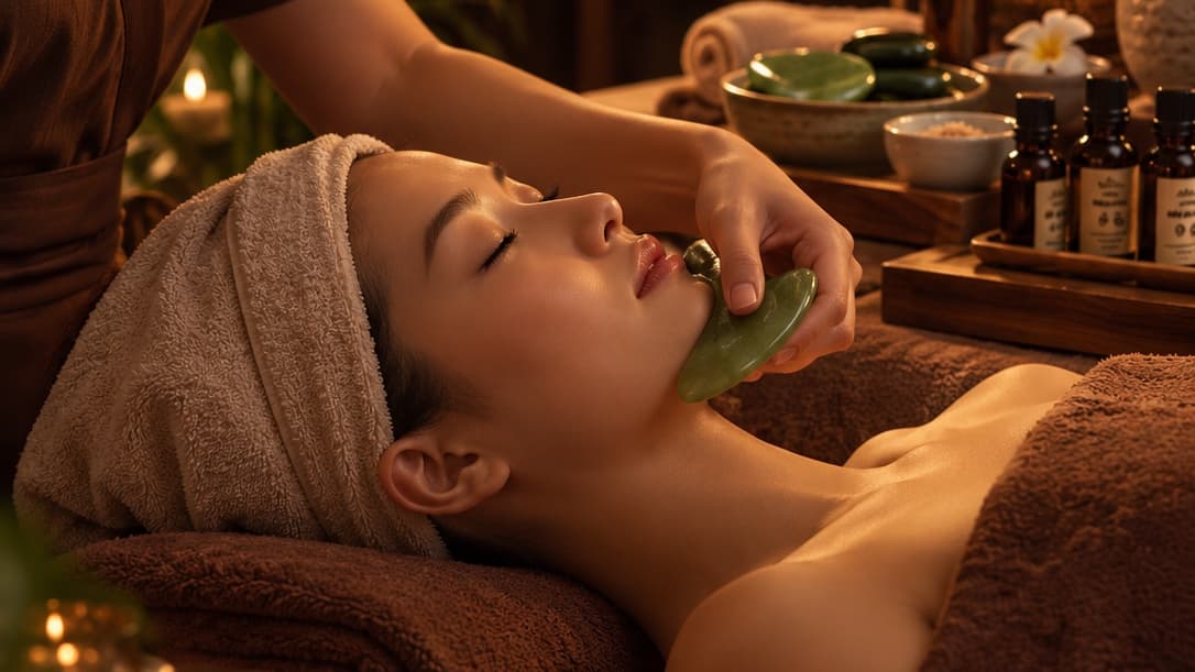 Chuyên viên vuốt đá gua sha ngọc bích dọc đường viền hàm của khách