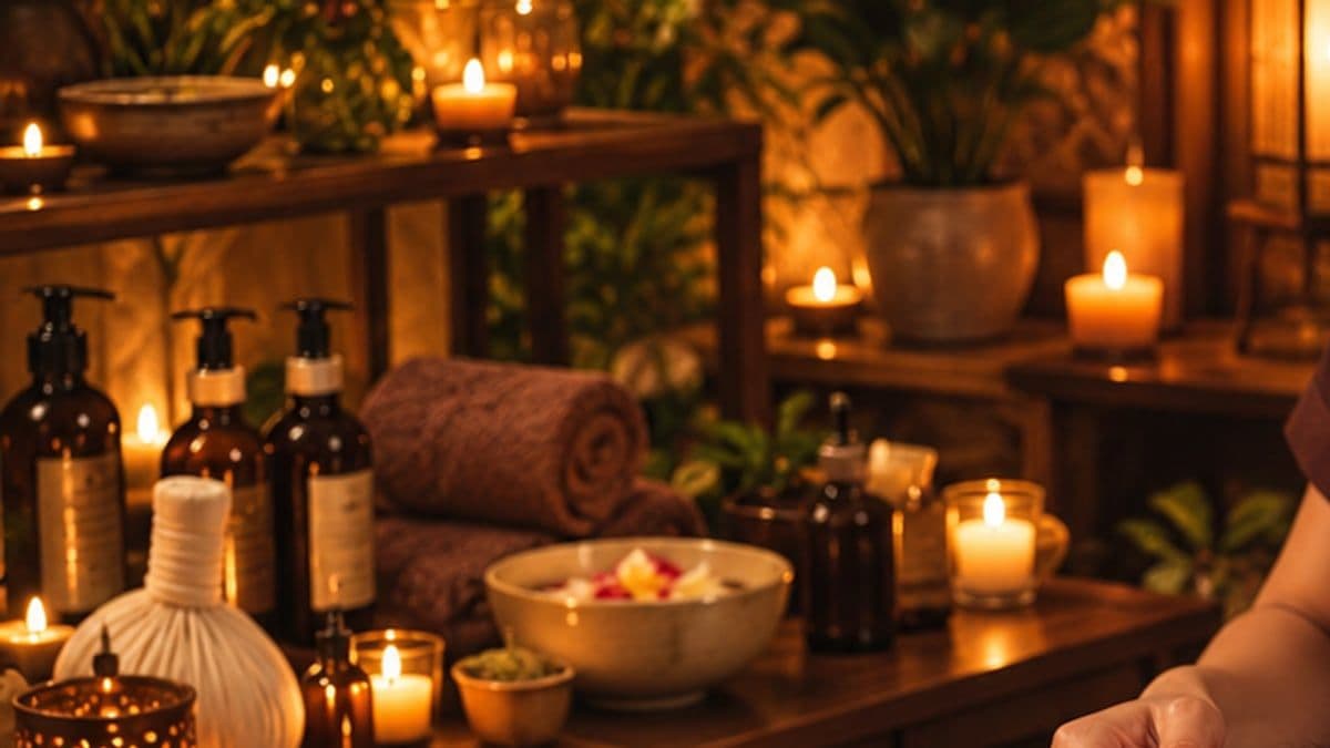 Kệ gỗ bày chai dầu massage, khăn nâu cuộn, túi chườm thảo dược và nến thắp sáng