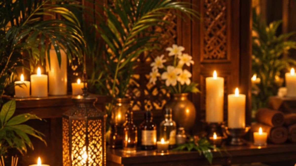 Nến thắp sáng, đèn lồng chạm hoa văn, chai tinh dầu và bình hoa trắng trên kệ gỗ