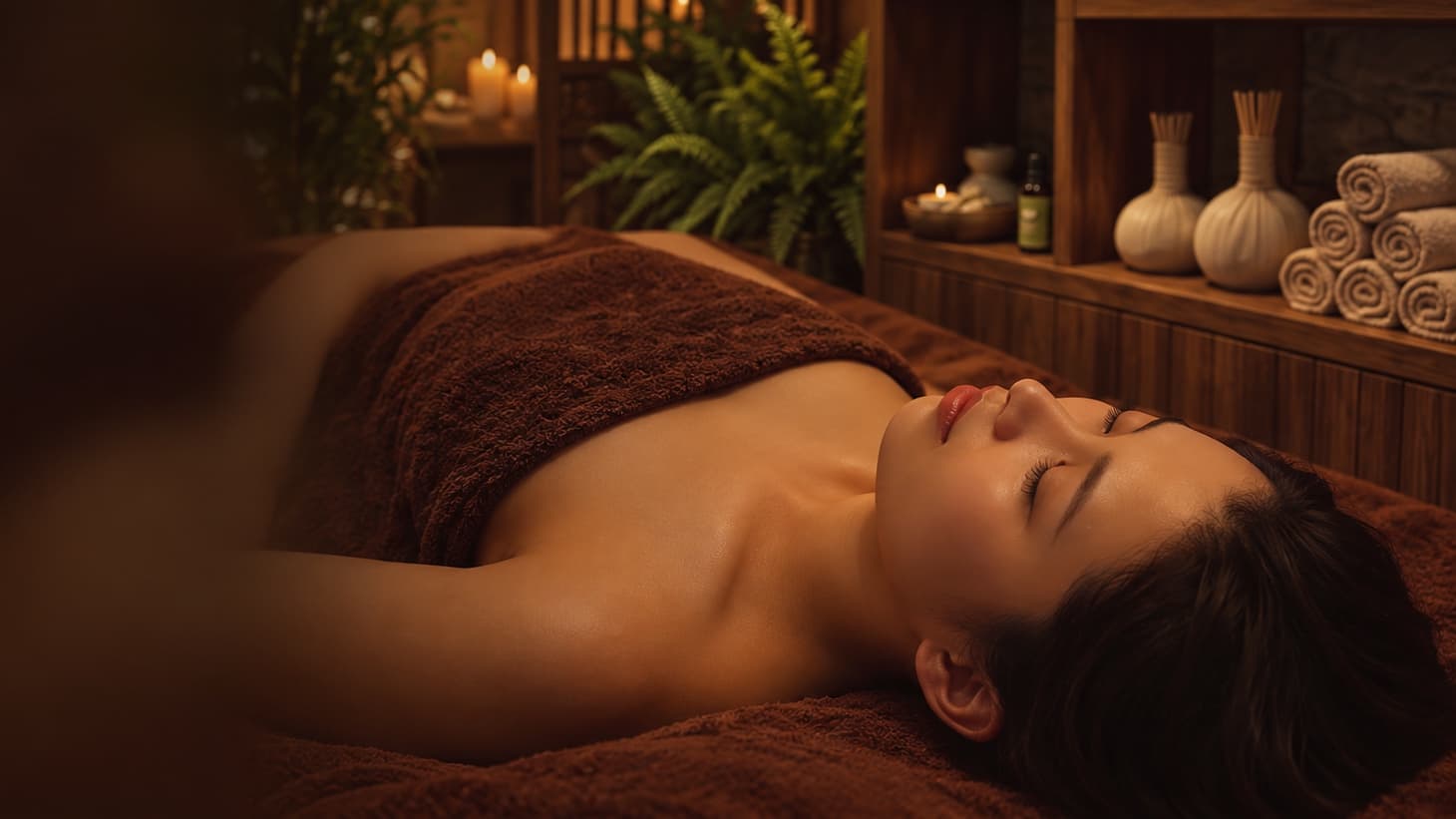 Khách nằm nghỉ dưới khăn ấm trong phòng trị liệu có kệ gốm và khăn cuộn