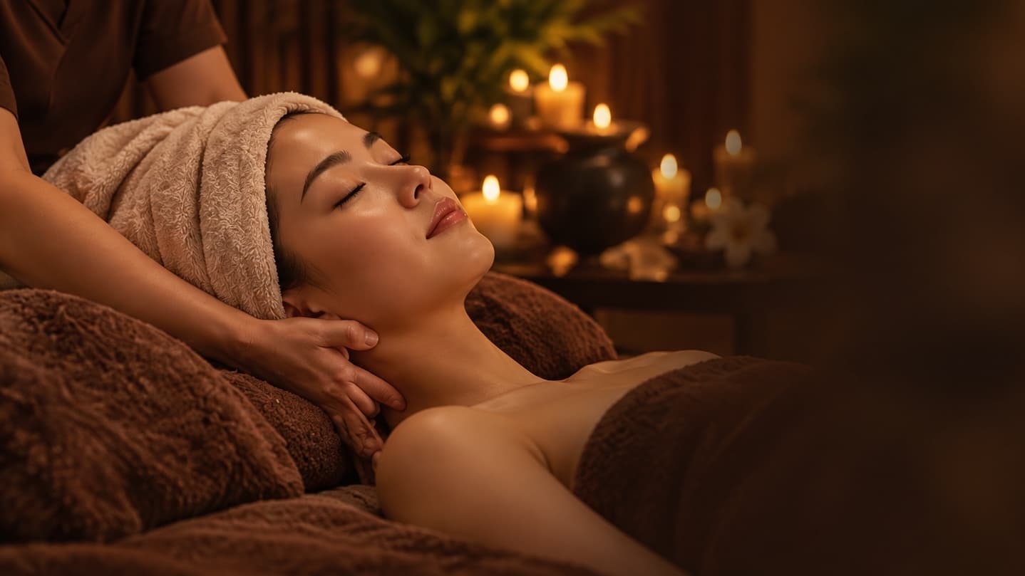 Khách quấn khăn trên tóc nằm thư giãn khi được massage vùng cổ, bên ánh nến