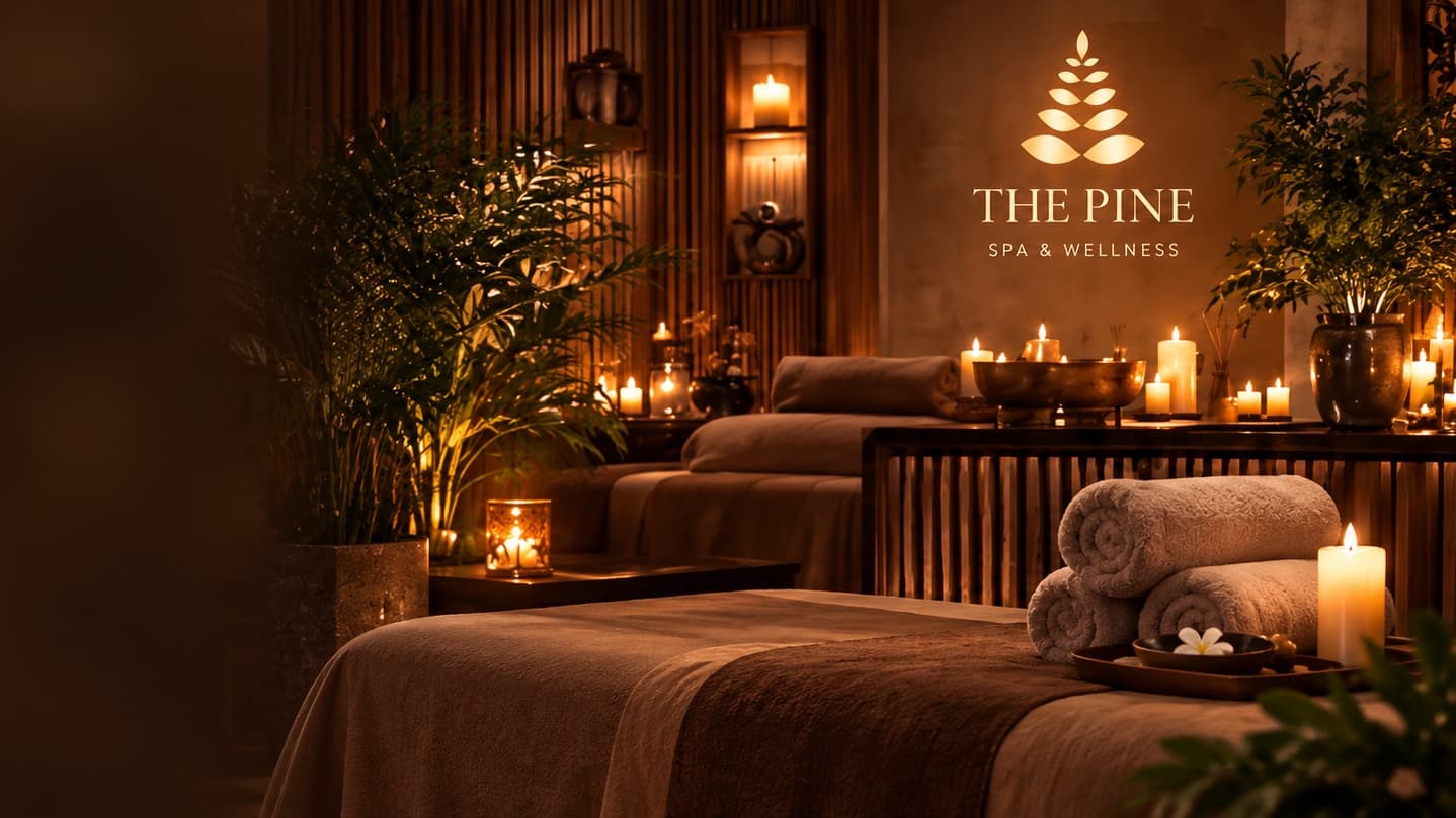 Phòng trị liệu ấm cúng với nến, khăn cuộn và biển hiệu The Pine Spa & Wellness