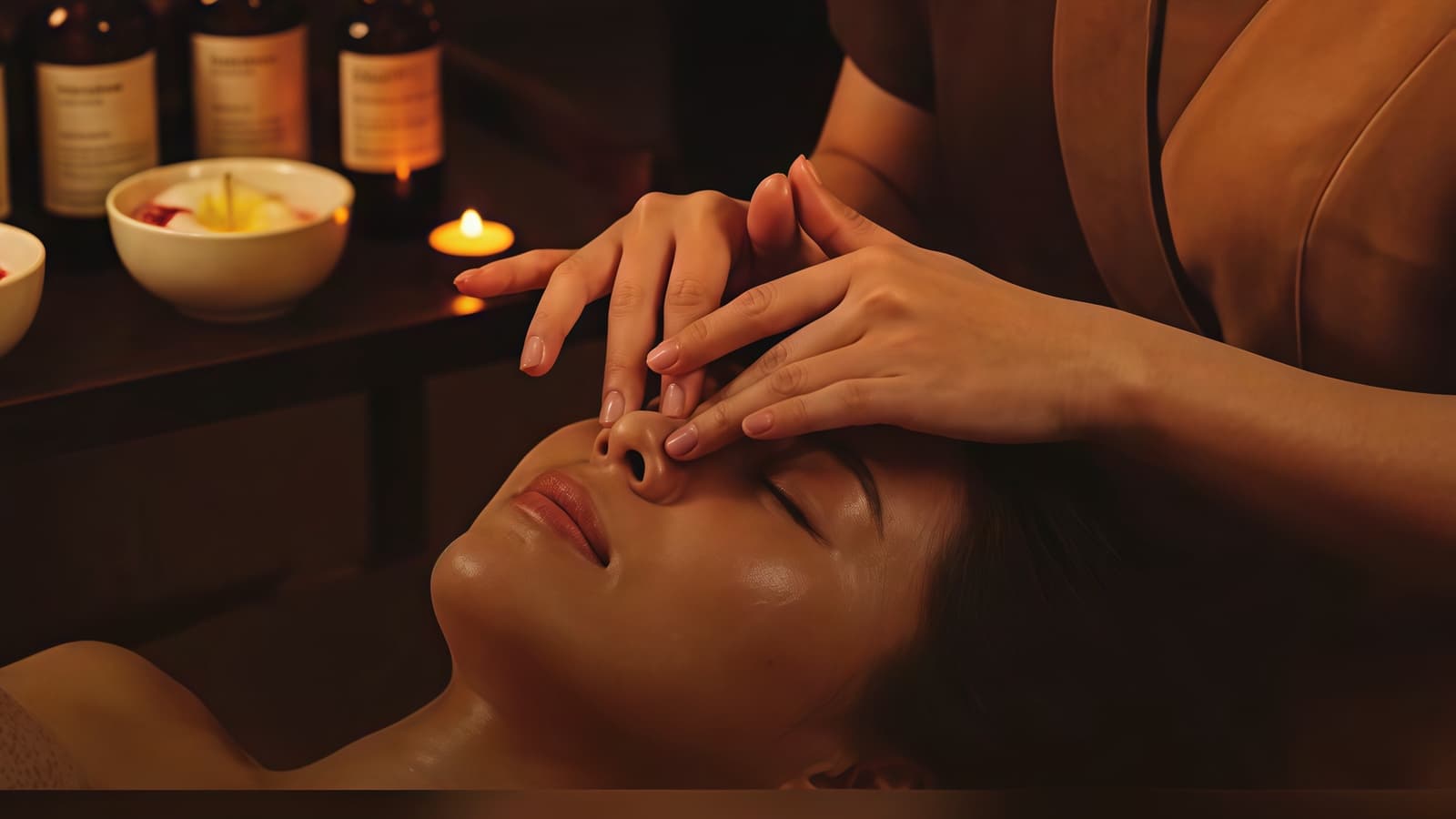 Chuyên viên massage mặt cho khách, phía sau là bát hoa và chai tinh dầu