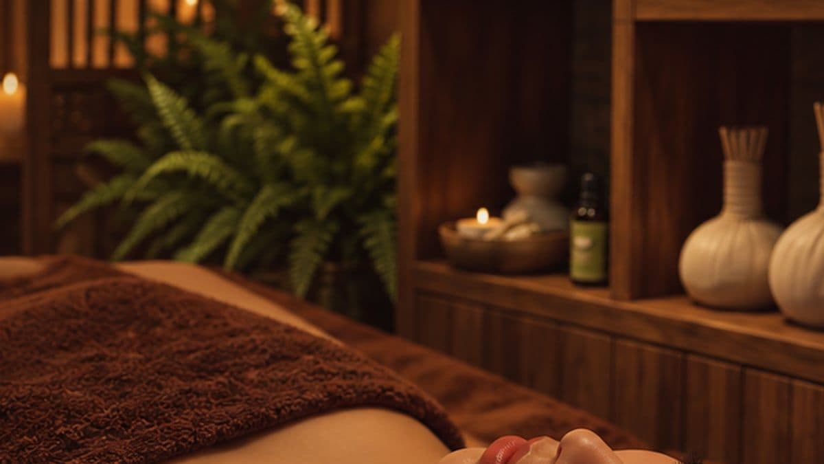 Khách nằm trên giường phủ khăn nâu, phía sau là cây dương xỉ, nến và túi chườm thảo dược