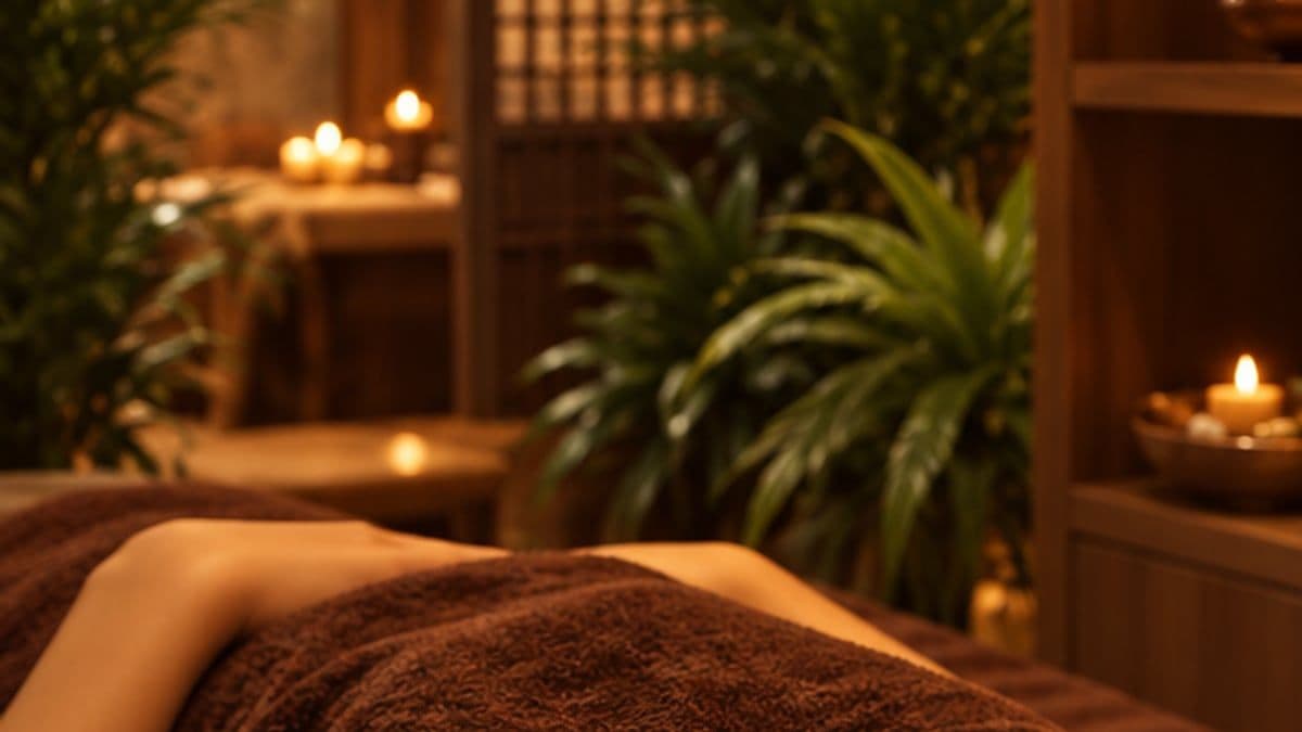 Khách nằm nghỉ dưới khăn nâu trong phòng spa có cây xanh và ánh nến