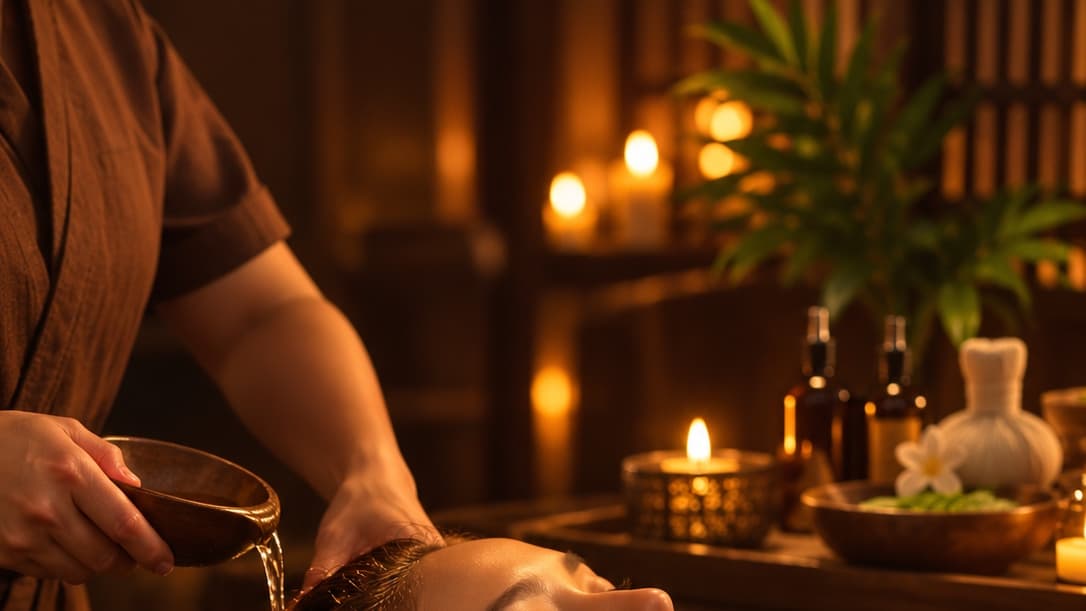 Chuyên viên dội nước thảo dược từ bát gỗ lên tóc khách trong phòng gội ánh nến