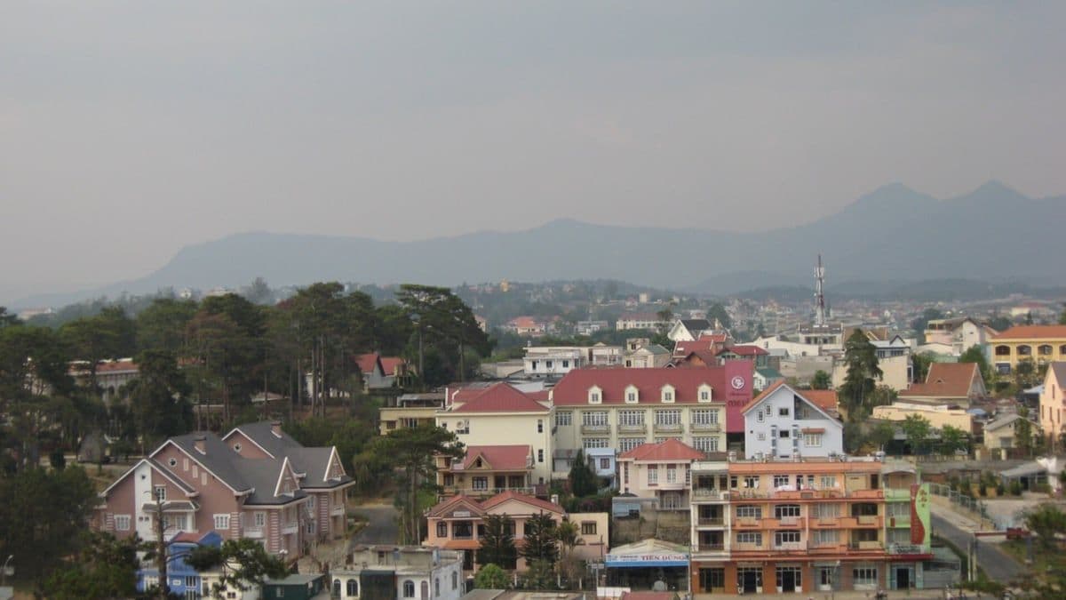 Rooftops of Da Lat among pine trees, with mountains in the haze behind