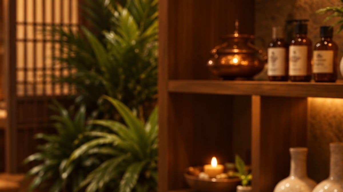 Kệ gỗ với chai tinh dầu, bình gốm, nến nhỏ và chậu cây xanh