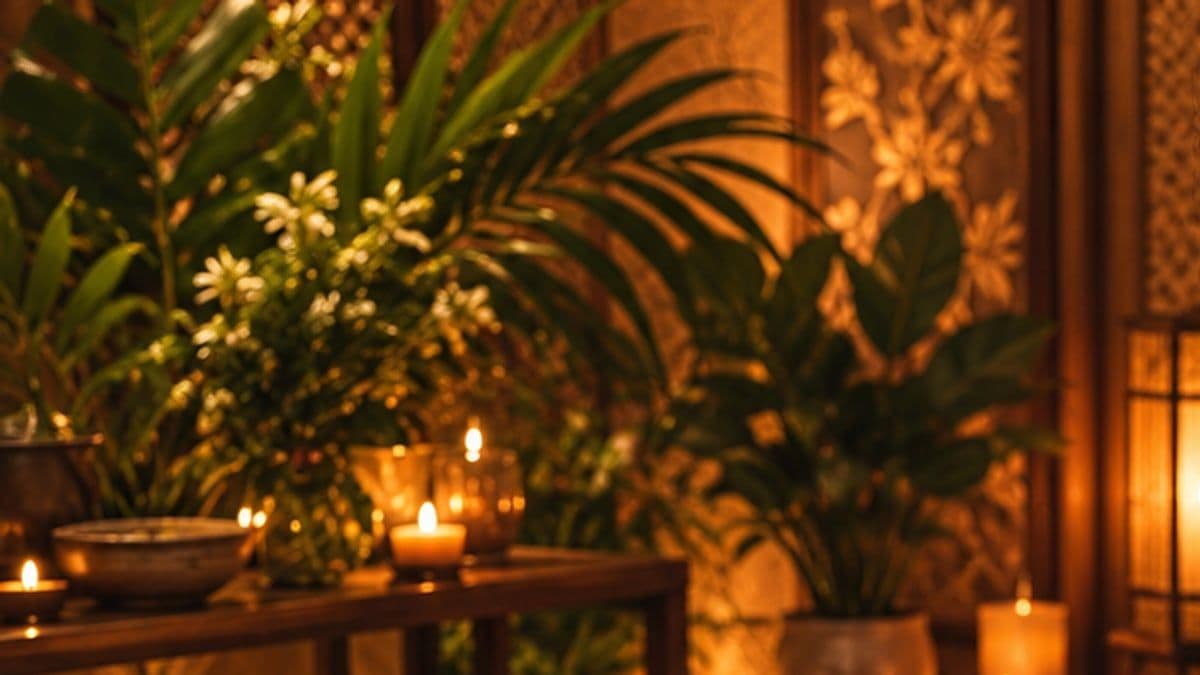 Chậu cây xanh, hoa trắng và ánh nến trên kệ gỗ trong phòng ấm