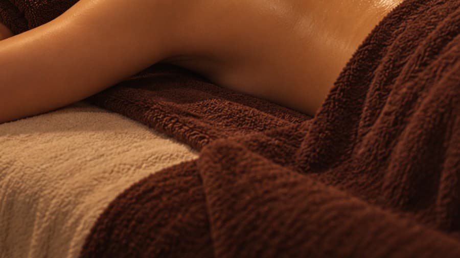 Khách nằm sấp trên giường massage, phủ khăn nâu và khăn trắng