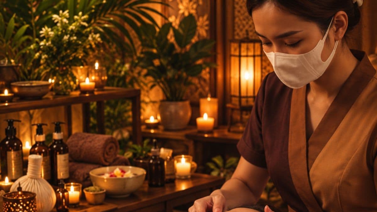 Kỹ thuật viên đeo khẩu trang chuẩn bị trước kệ gỗ bày dầu massage, khăn cuộn và nến