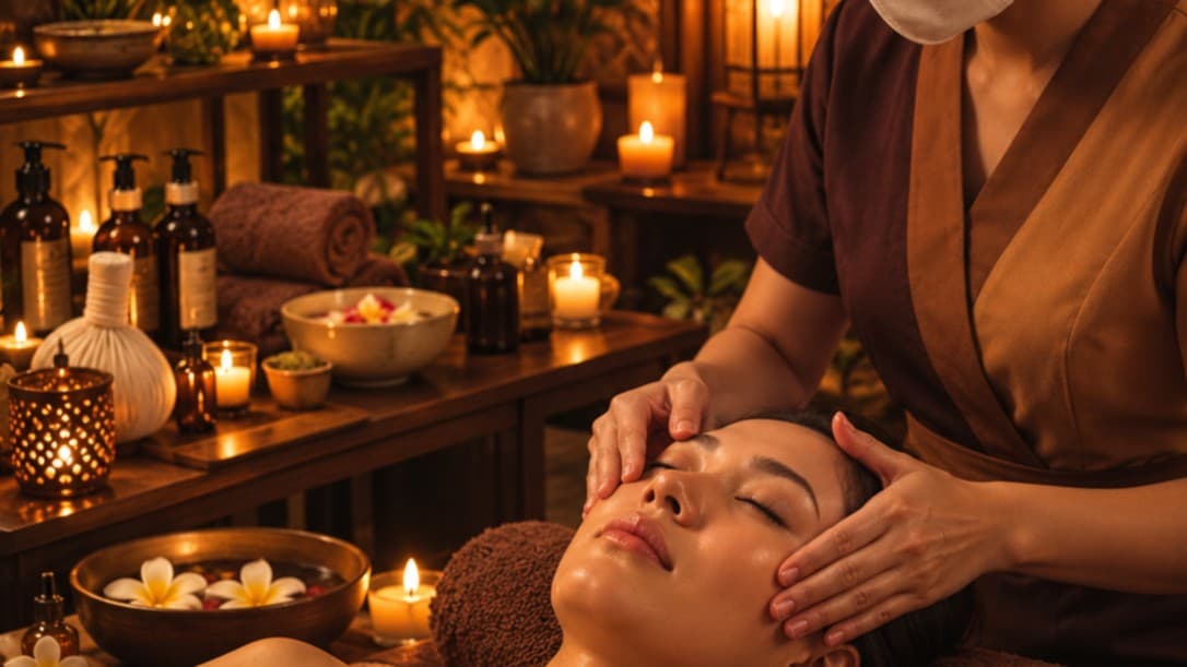 Chuyên viên xoa bóp vùng trán, thái dương cho khách nằm ngửa, cạnh bát hoa, nến và chai tinh dầu