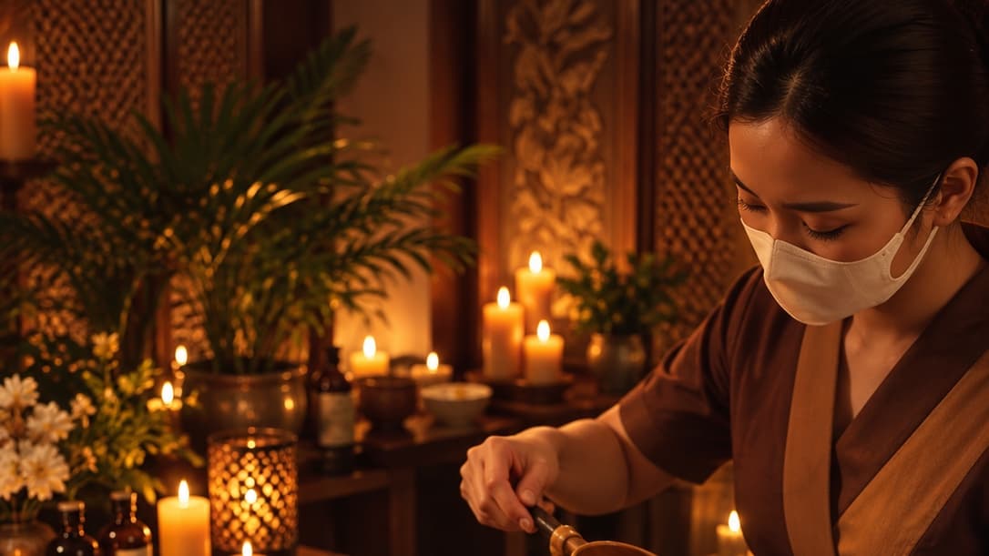 Chuyên viên đeo khẩu trang pha nước gội thảo dược giữa chậu cây, hoa và nến