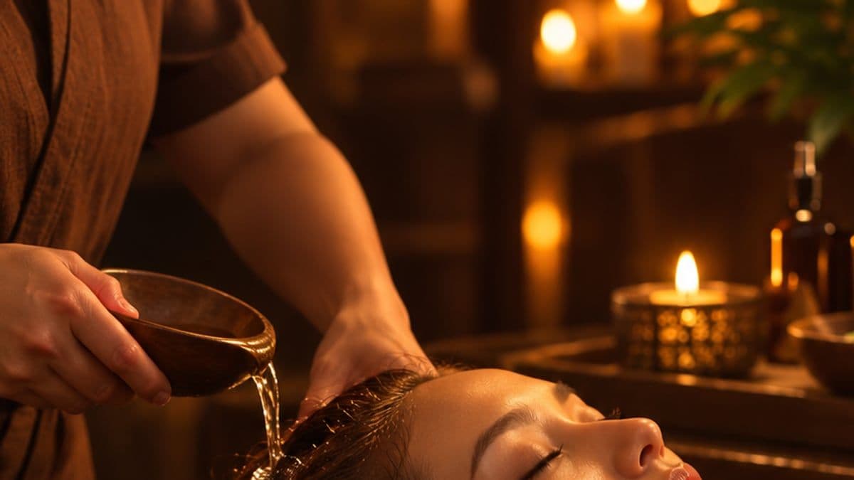 Kỹ thuật viên dội nước ấm từ gáo gỗ lên tóc khách nằm ngửa, bên cạnh là ngọn nến