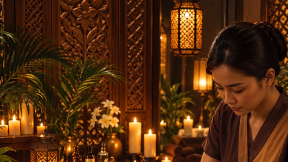 Chuyên viên spa cúi nhìn xuống, bên cạnh là kệ nến, đèn lồng và cây xanh