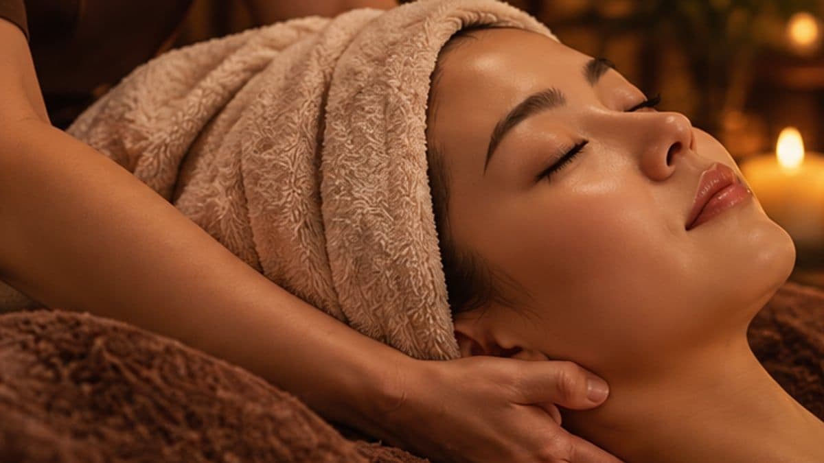 Khách quấn khăn trên đầu nằm thư giãn, kỹ thuật viên massage vùng cổ