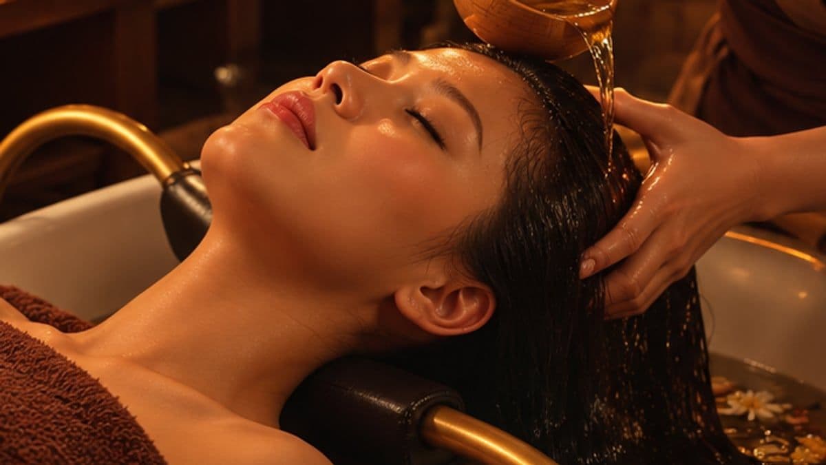 Kỹ thuật viên dội nước thảo dược lên tóc khách nằm ở bồn gội
