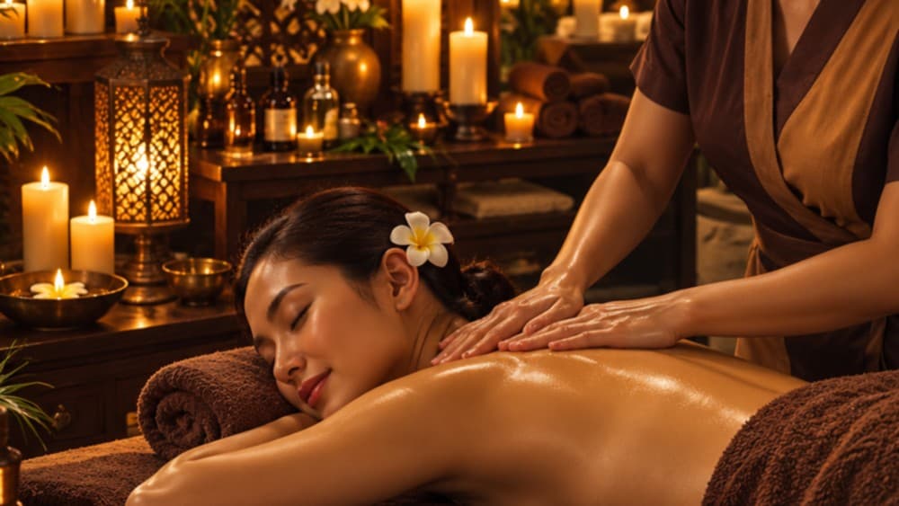 Chuyên viên đặt hai tay lên vai khách đang nằm sấp, phía sau là kệ nến và đèn lồng