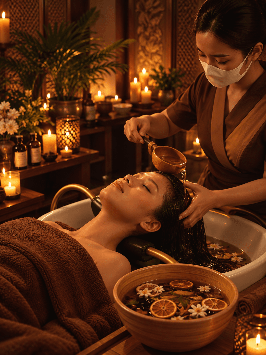 Khách gội đầu dưỡng sinh với bát nước ngâm cam khô và hoa cúc