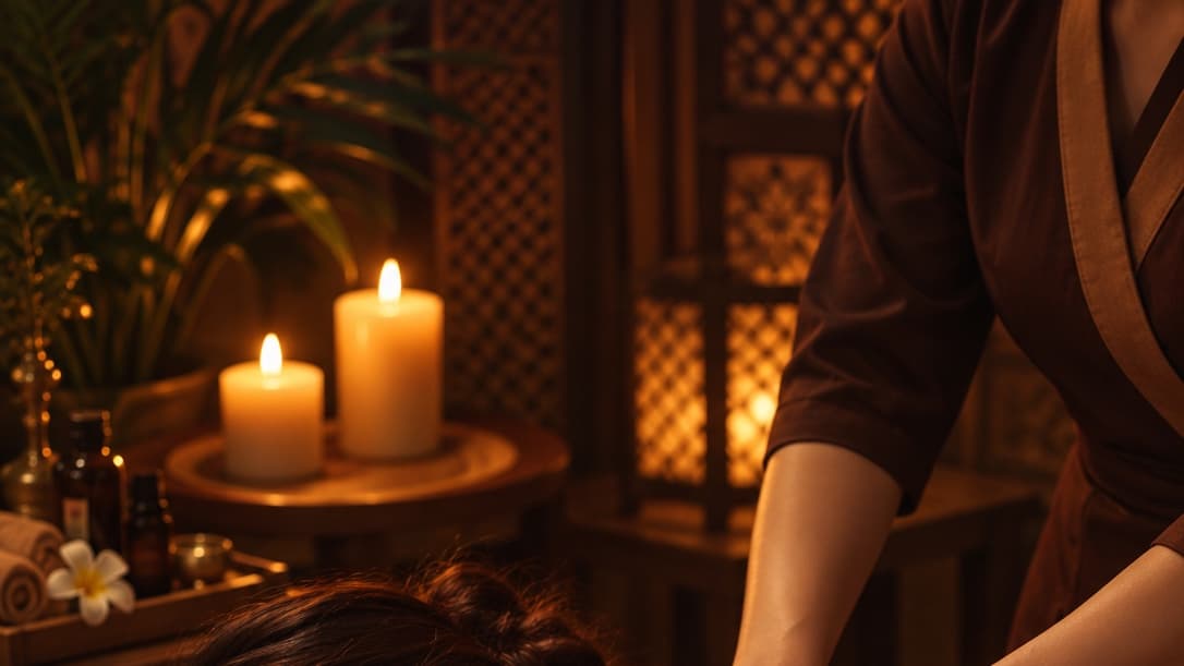 Chuyên viên massage cúi người bên giường trị liệu, cạnh nến và chậu cây