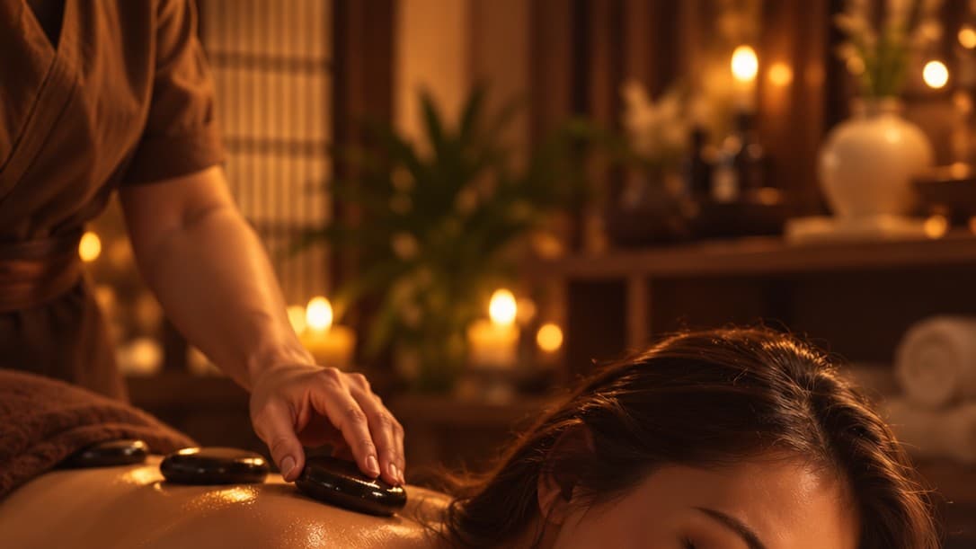 Chuyên viên đặt đá nóng dọc lưng khách, phía sau là đèn, bình gốm và nến