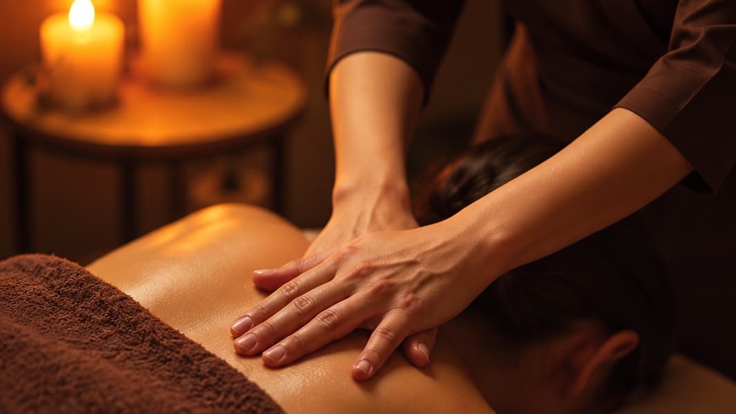 A therapist’s hands massaging a guest’s back beside softly glowing candles
