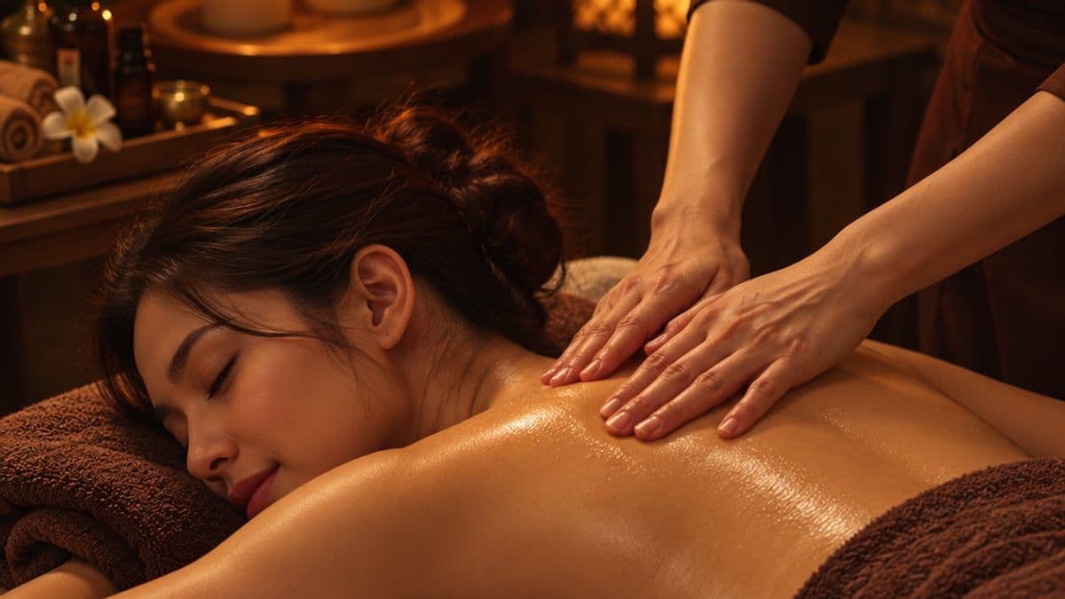 Kỹ thuật viên dùng hai bàn tay xoa dọc lưng khách đang nằm sấp, gối đầu lên khăn nâu