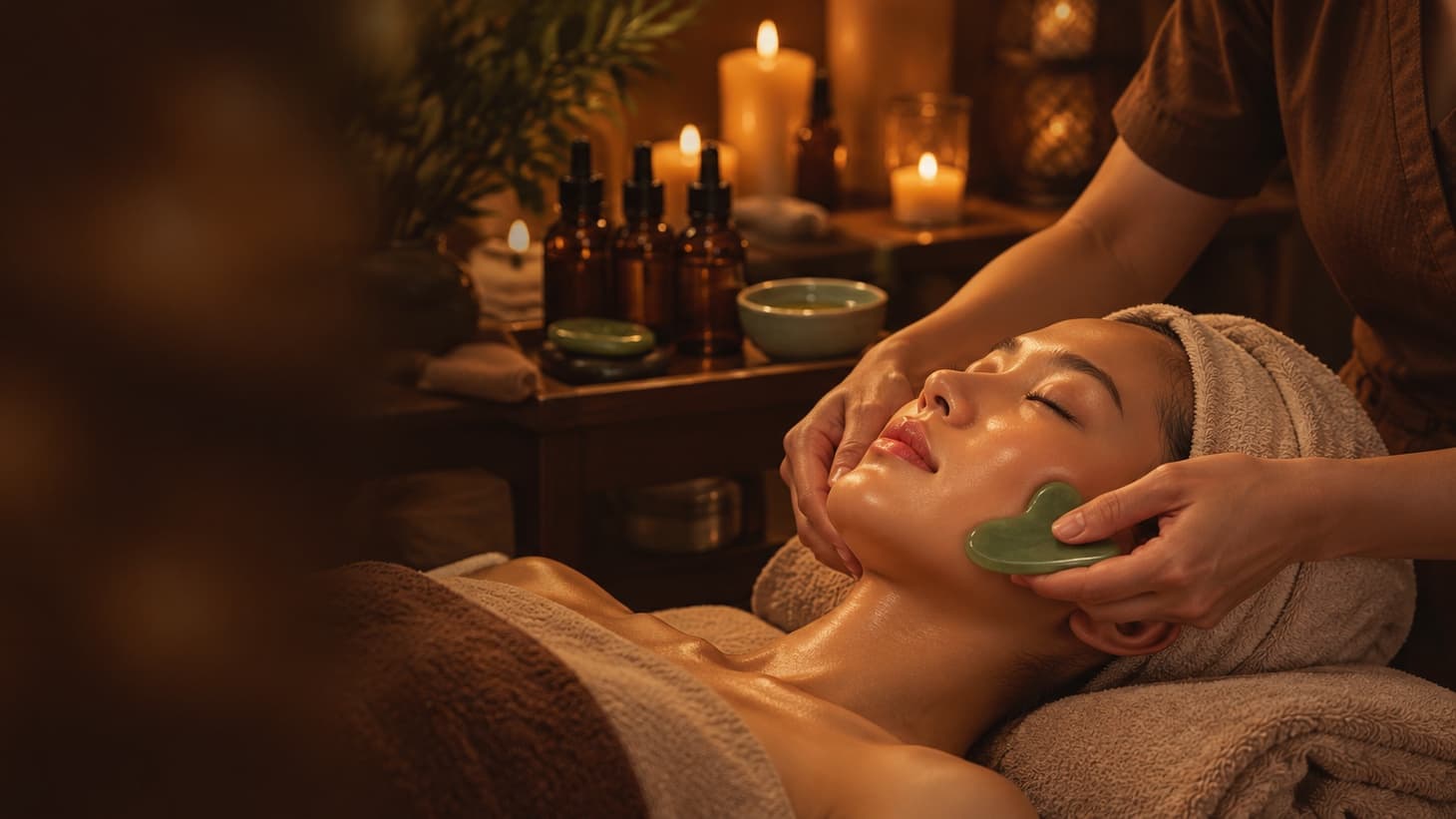 Chuyên viên dùng đá ngọc gua sha massage mặt cho khách bên ánh nến
