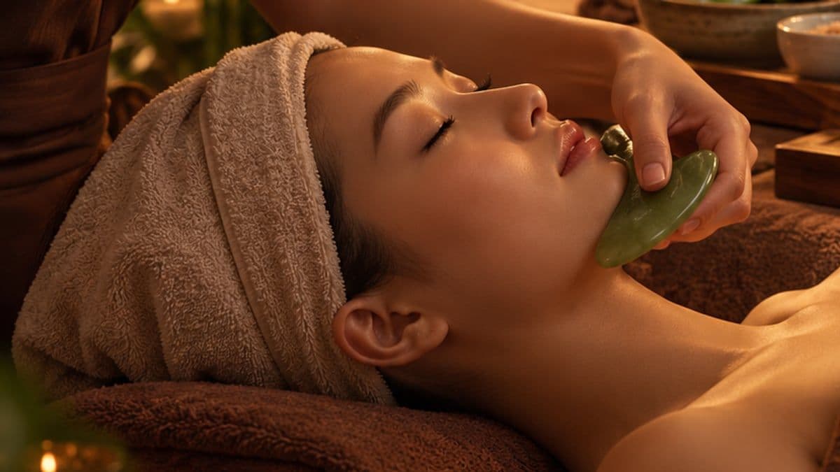 Kỹ thuật viên dùng đá ngọc gua sha massage dọc xương hàm của khách