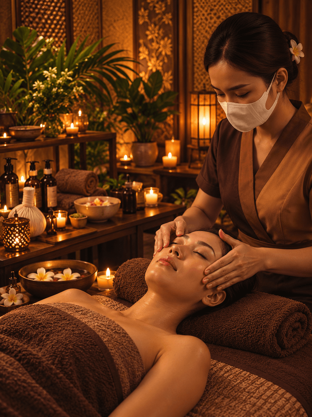 Chuyên viên massage mặt cho khách trong phòng trị liệu ánh nến
