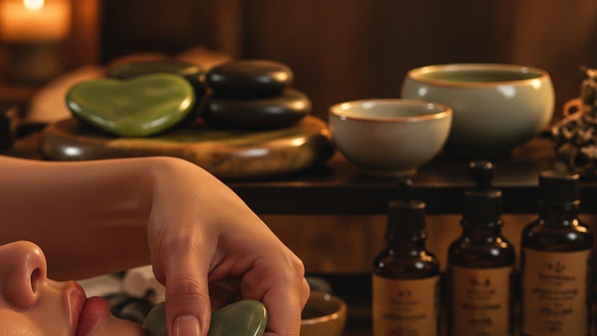 Đá gua sha hình trái tim, đá nóng, bát gốm và chai tinh dầu; tay kỹ thuật viên cầm đá ngọc gần mặt khách