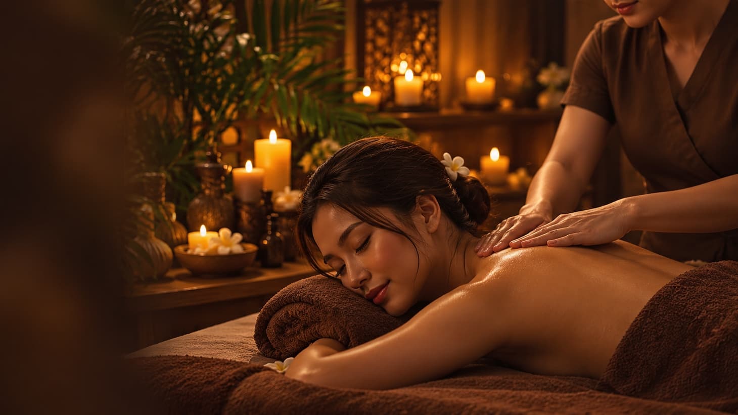 Khách nằm thư giãn khi được massage lưng trong phòng trị liệu ánh nến ấm áp