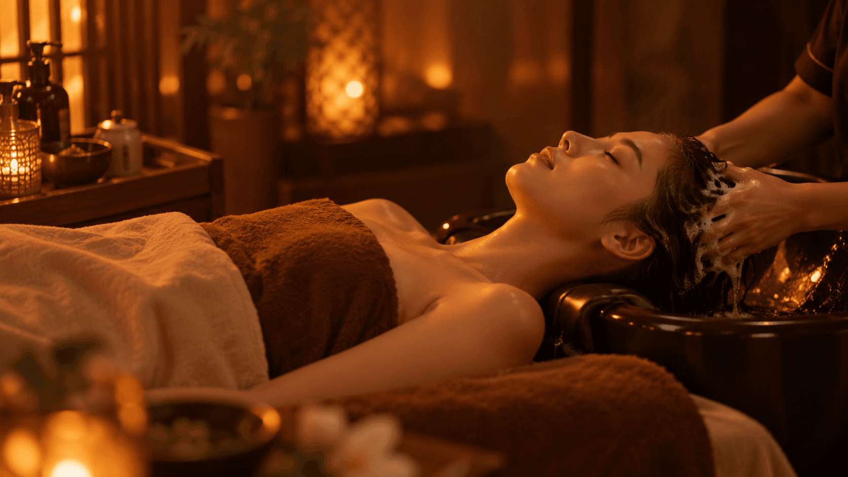 Chuyên viên gội đầu cho khách tại bồn gội