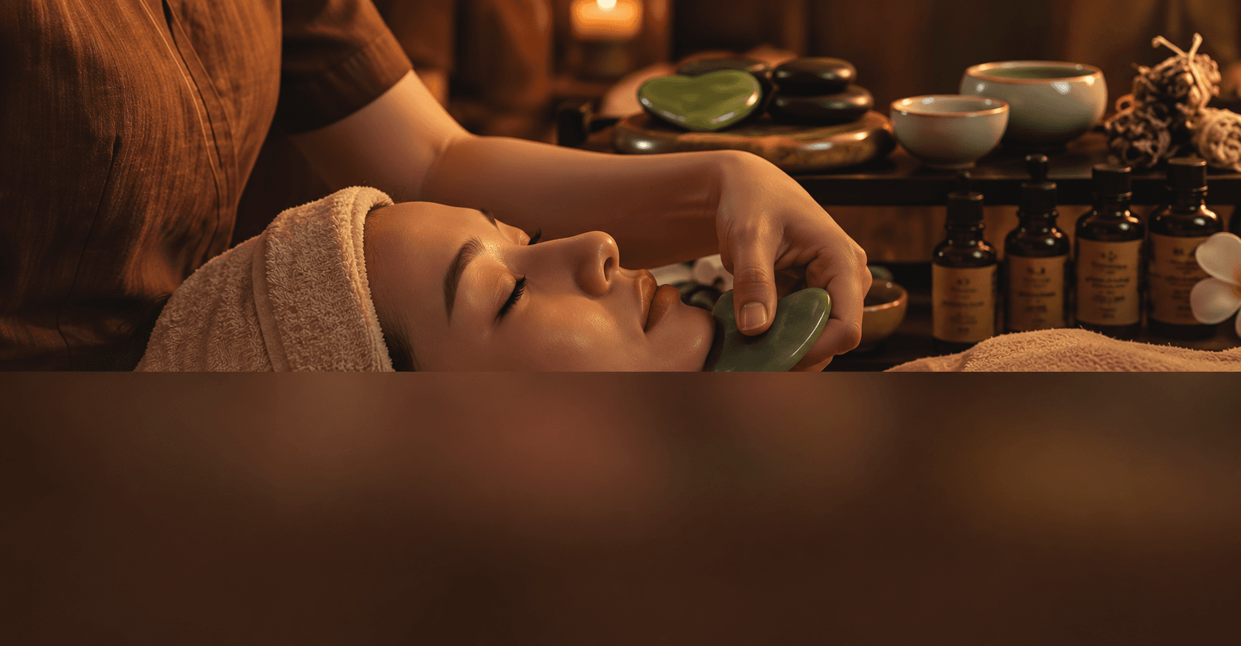 Massage mặt bằng đá ngọc bên kệ tinh dầu
