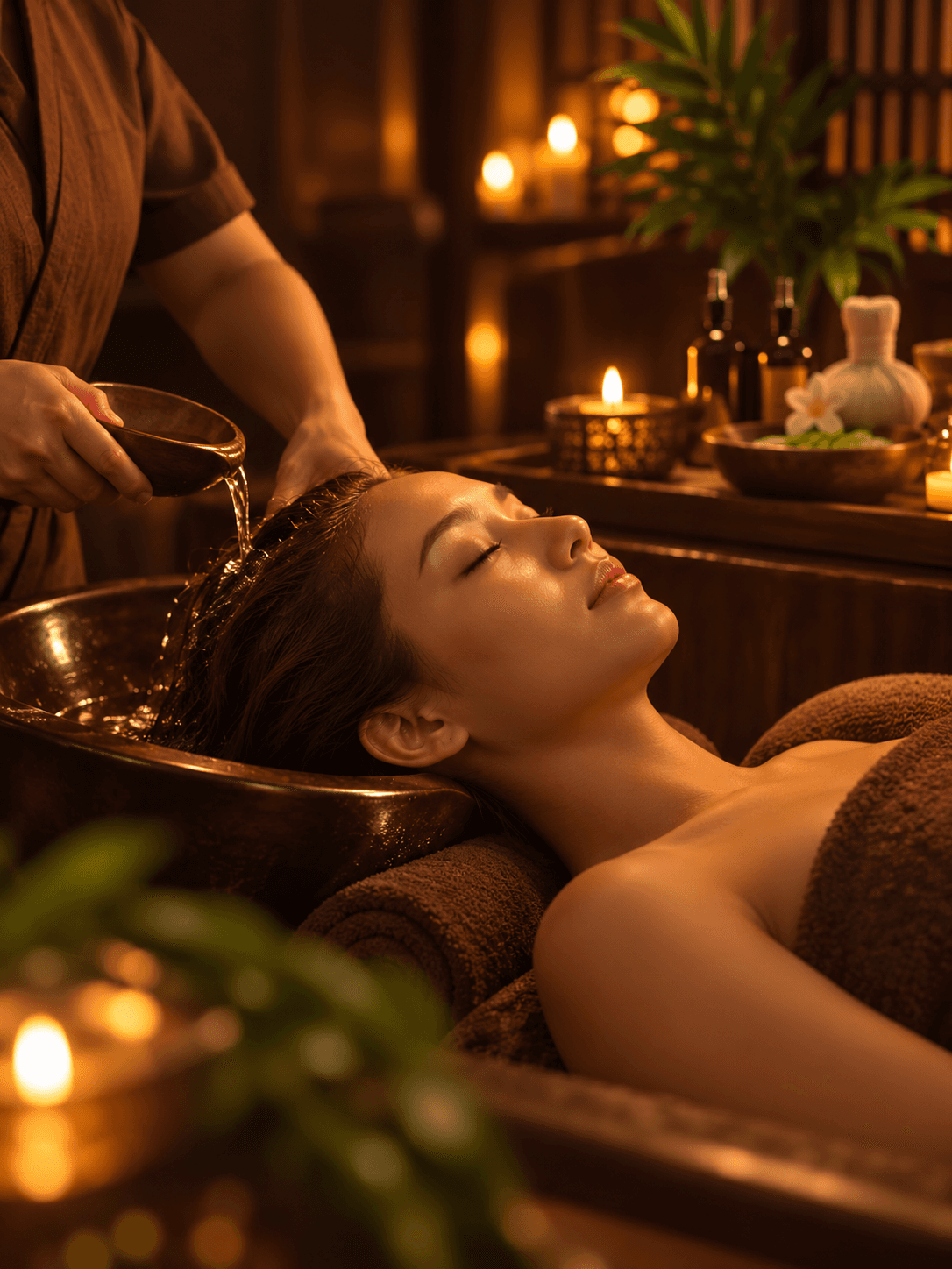 Chuyên viên gội đầu dưỡng sinh cho khách bên bồn gội và ánh nến