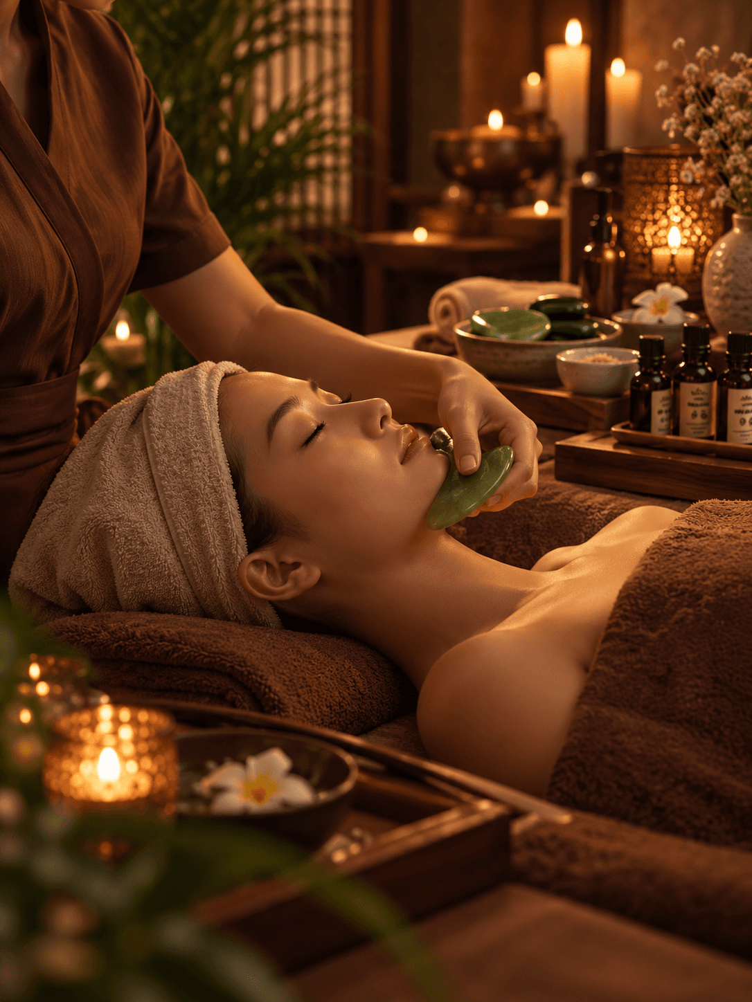 Chuyên viên dùng đá ngọc massage mặt cho khách