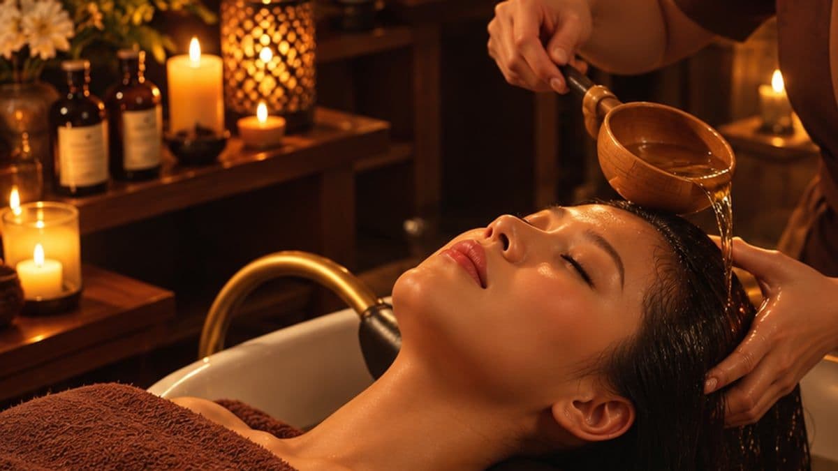 Kỹ thuật viên dội nước từ gáo gỗ lên tóc khách nằm ở bồn gội
