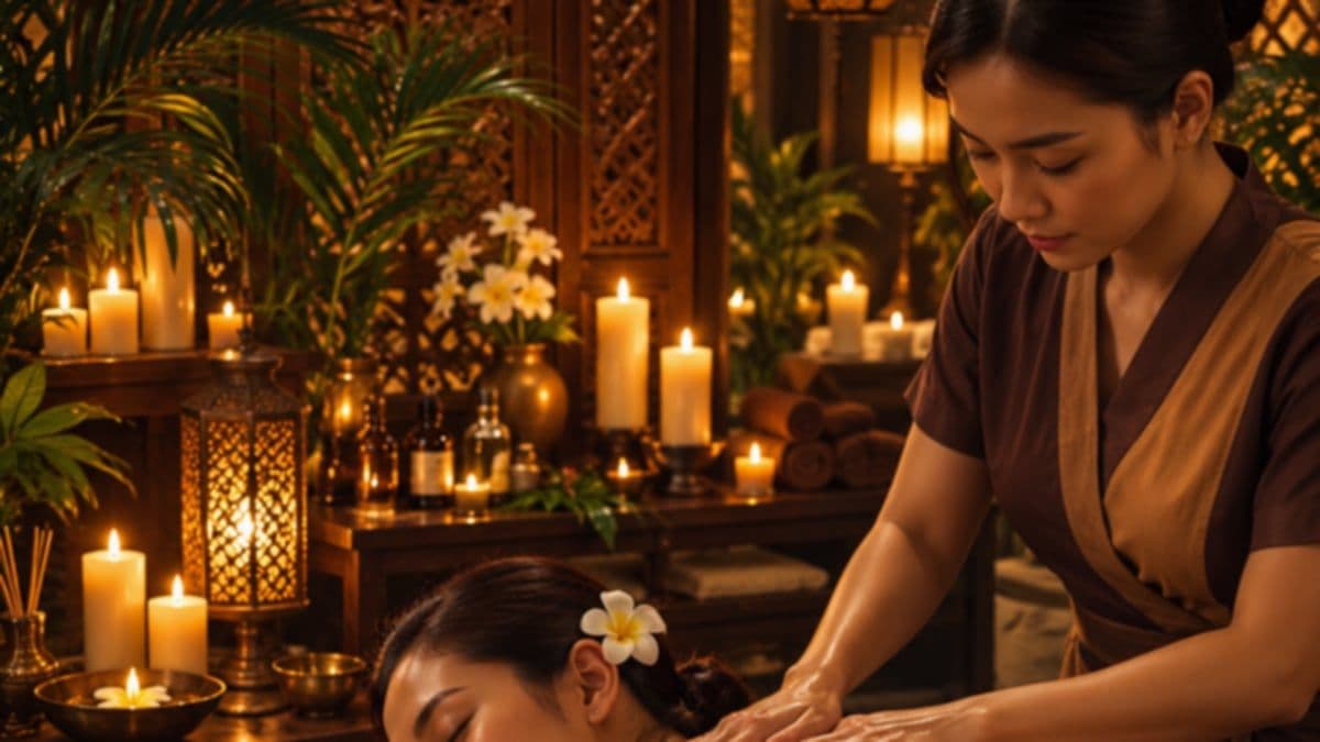 A therapist massaging a guest with a white flower in her hair, candles and oil bottles behind