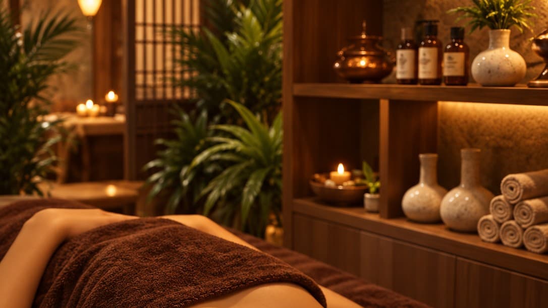 Kệ gỗ bày bình gốm, khăn cuộn, chai tinh dầu và cây xanh trong phòng trị liệu