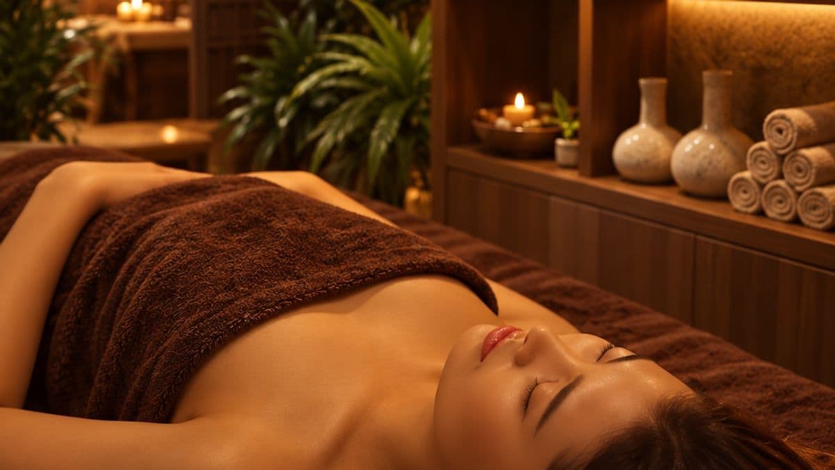 Khách nằm nghỉ dưới khăn nâu, phía sau là kệ khăn cuộn và bình gốm